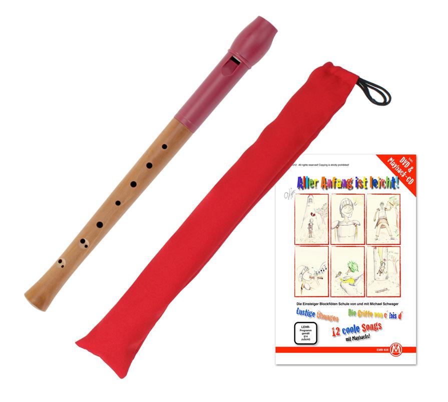 Classic Cantabile Pivella Set, Blockflöte Rot, barocke Griffweise mit Tasche und Flötenschule