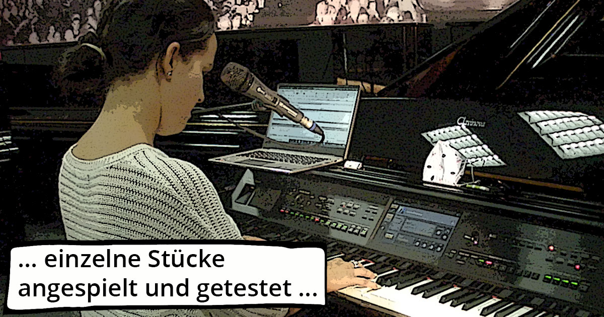 Kleine Dokumentation im Comic-Style zum Yamaha-Videodreh Digitalpiano Clavinova CVP-809 mit Susan Albers und Peter Baartmans im Musikhaus Kirstein in Schongau. Comic-Bild 14: Susan übt ein Stück am Clavinova CVP-809.