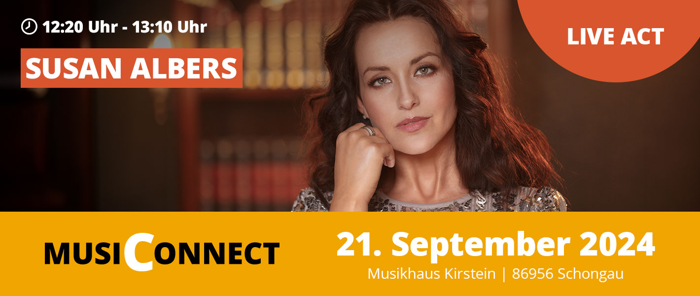 Banner Susan Albers bei der MusiConnect 2024 im Musikhaus Kirstein