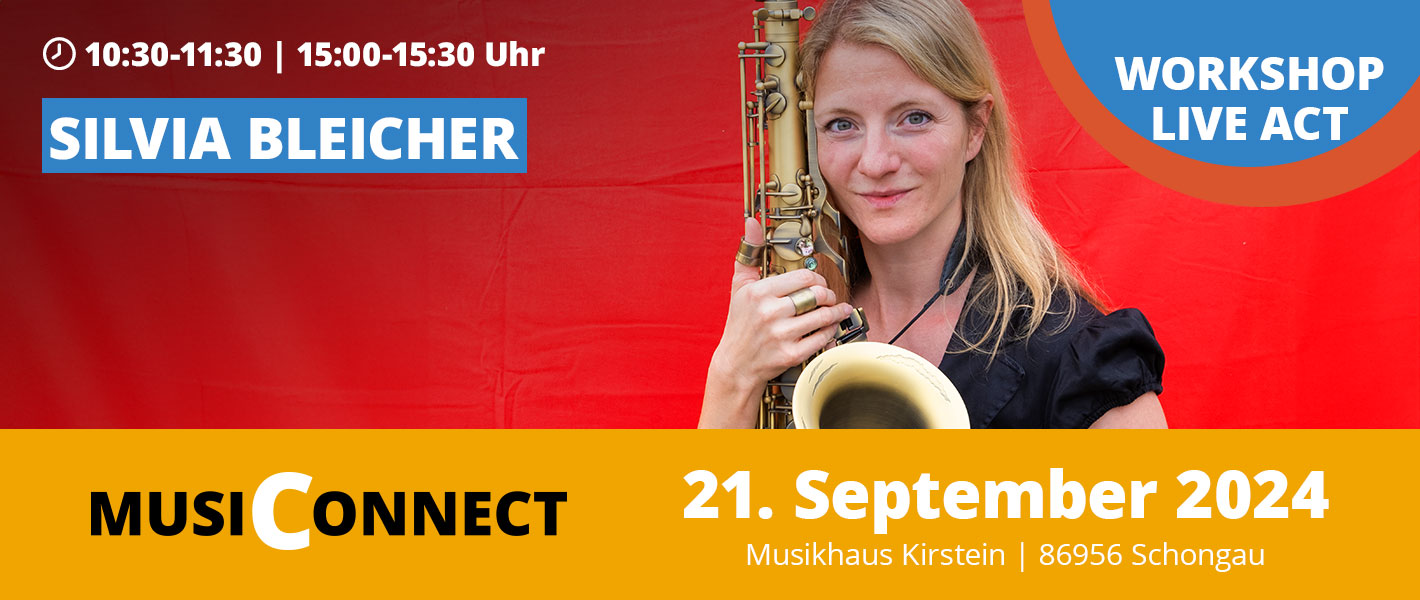 Banner Silvia Bleicher bei der MusiConnect 2024 im Musikhaus Kirstein