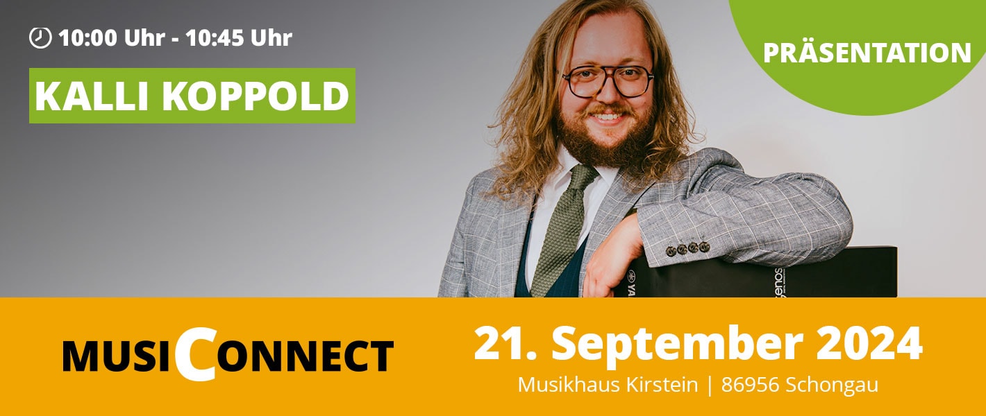 Banner Kalli Koppold bei der MusiConnect 2024 im Musikhaus Kirstein