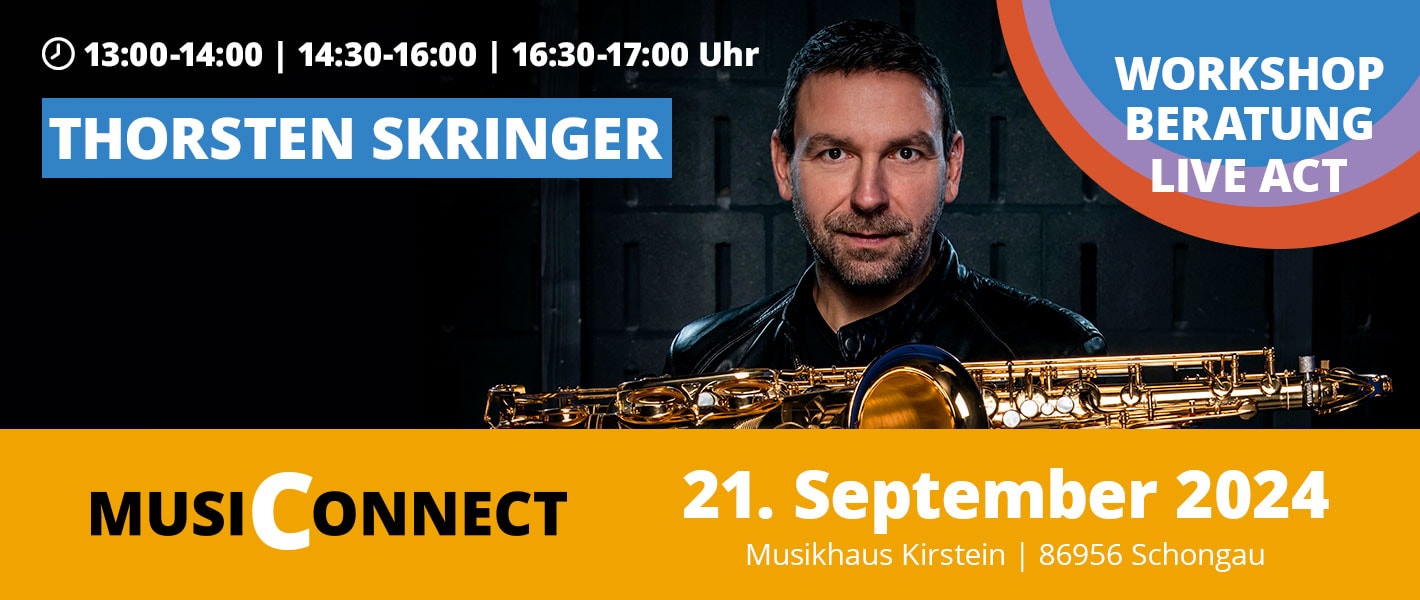 Banner Thorsten Skringer bei der MusiConnect 2024 im Musikhaus Kirstein