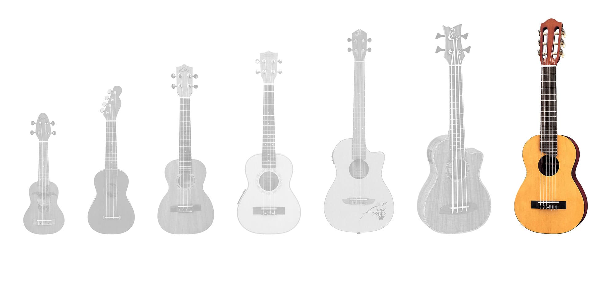 Die Guitarlele im Vergleich zu verschiedenen Ukulelen-Größen