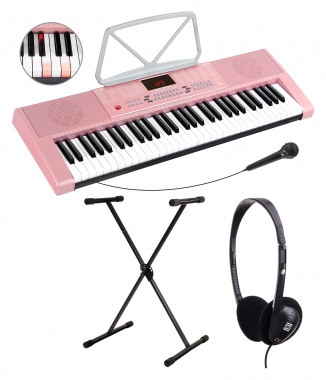 McGrey LK-6120-MIC Leuchttasten-Keyboard mit Mikrofon Set inkl. Ständer und Kopfhörer Pink