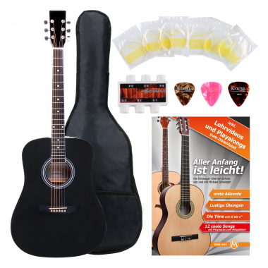 Classic Cantabile guitare acoustique folk set démarrage incl. kit d'accessoires à 5 pièces, noir