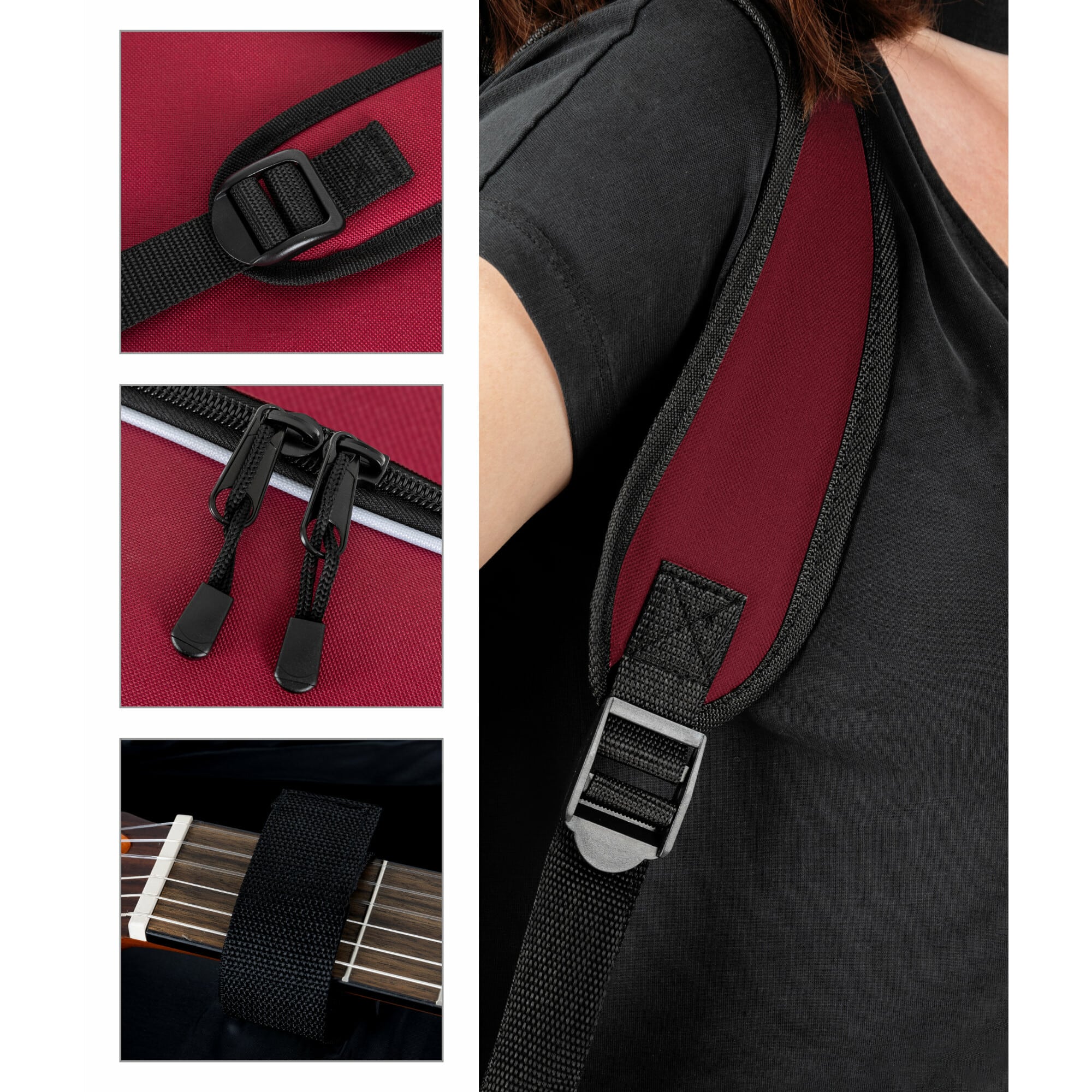 Rocktile Klassik-Gitarrentasche - 3/4 & 7/8 gepolstert mit Rucksackgarnitur Weinrot Abbildung 4