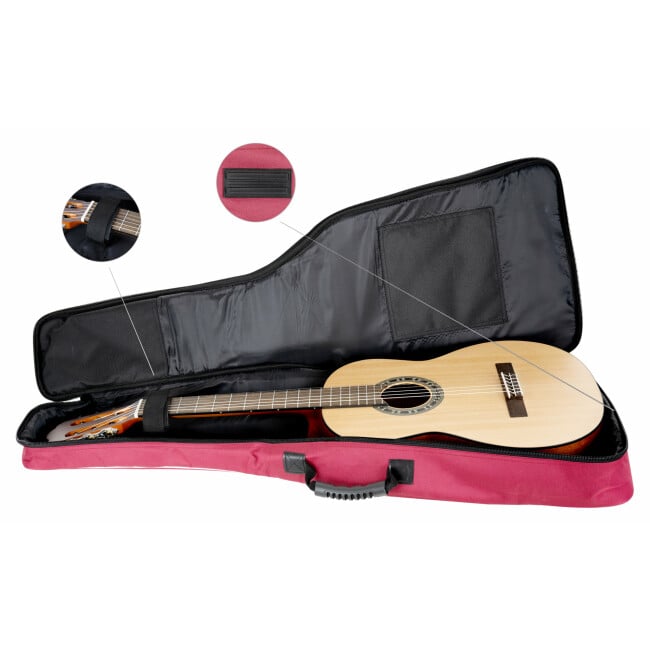 Rocktile Klassik-Gitarrentasche - 3/4 & 7/8 gepolstert mit Rucksackgarnitur Weinrot Abbildung 6