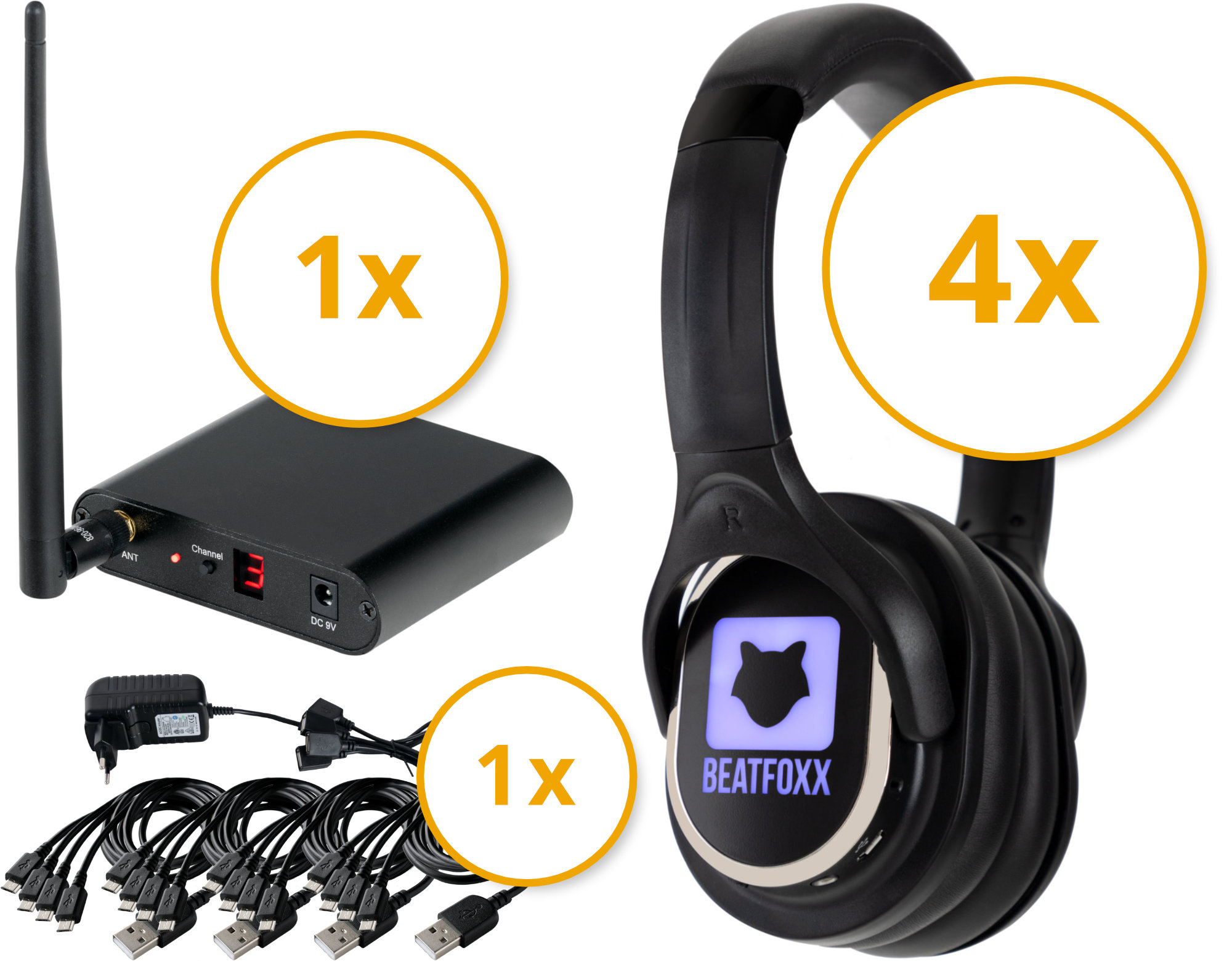 Beatfoxx SCBS-41 USB-C Silent Disco V2 Band Set mit 4 Kopfhörern und 1 Sender