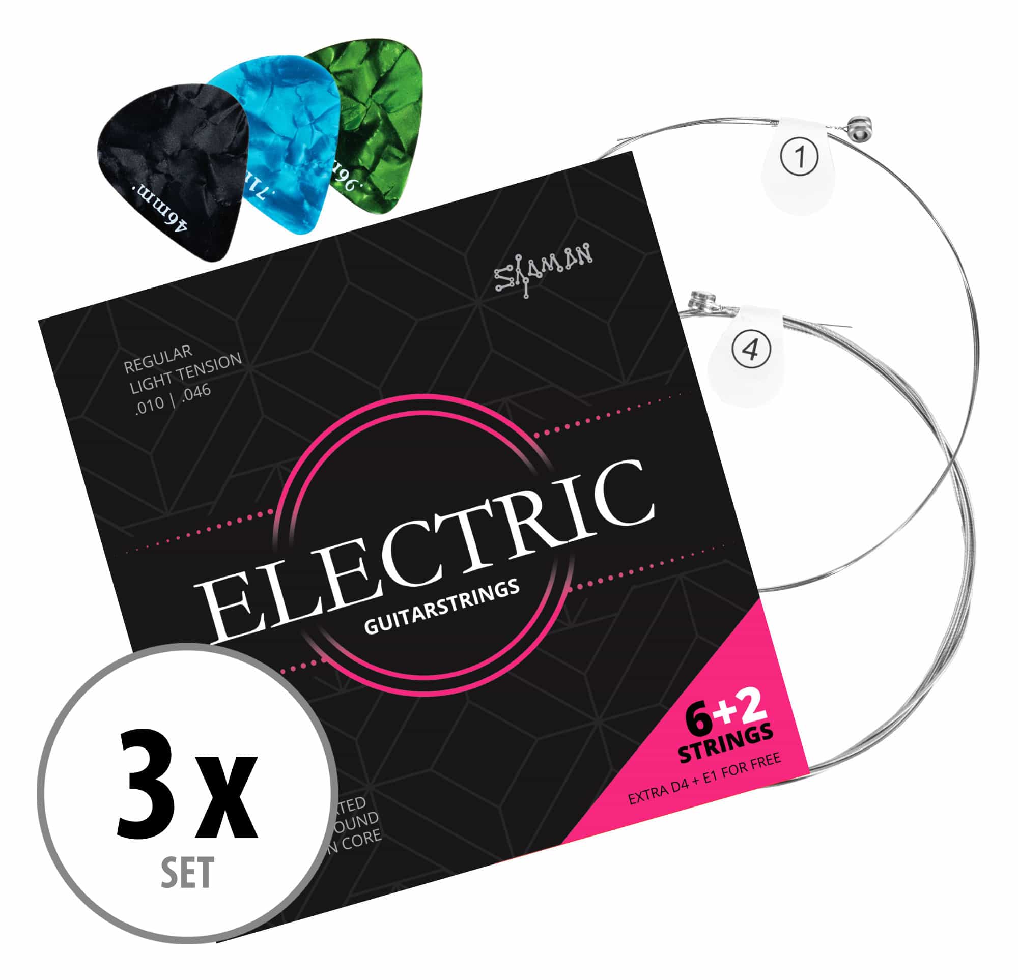 Shaman Electric Saiten für E-Gitarre inkl. 2 Ersatzsaiten und 3 Plektren 3x Set