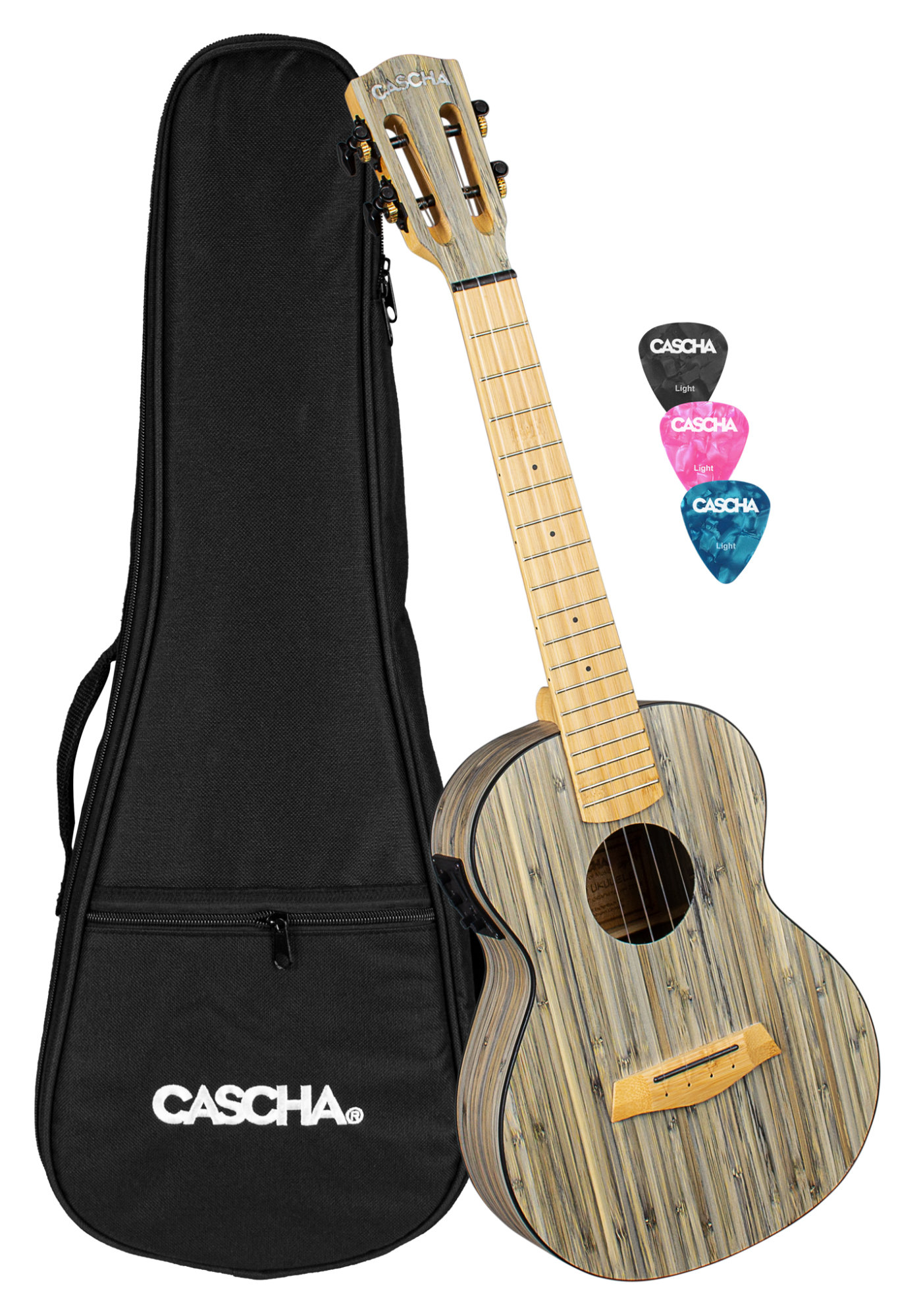 Cascha 2317E Tenor Ukulele Bamboo Graphit Bundle mit Tonabnehmer