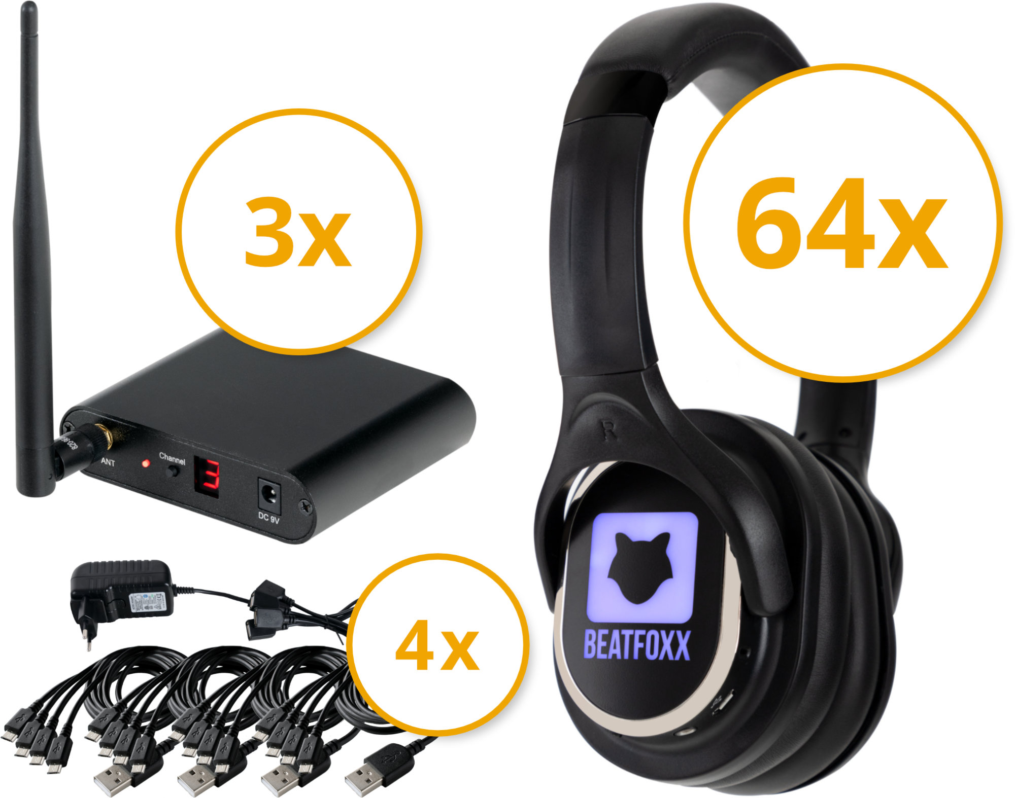 Beatfoxx SCPS-643 USB-C Silent Disco V2 Party Set mit 64 Kopfhörern und 3 Sendern