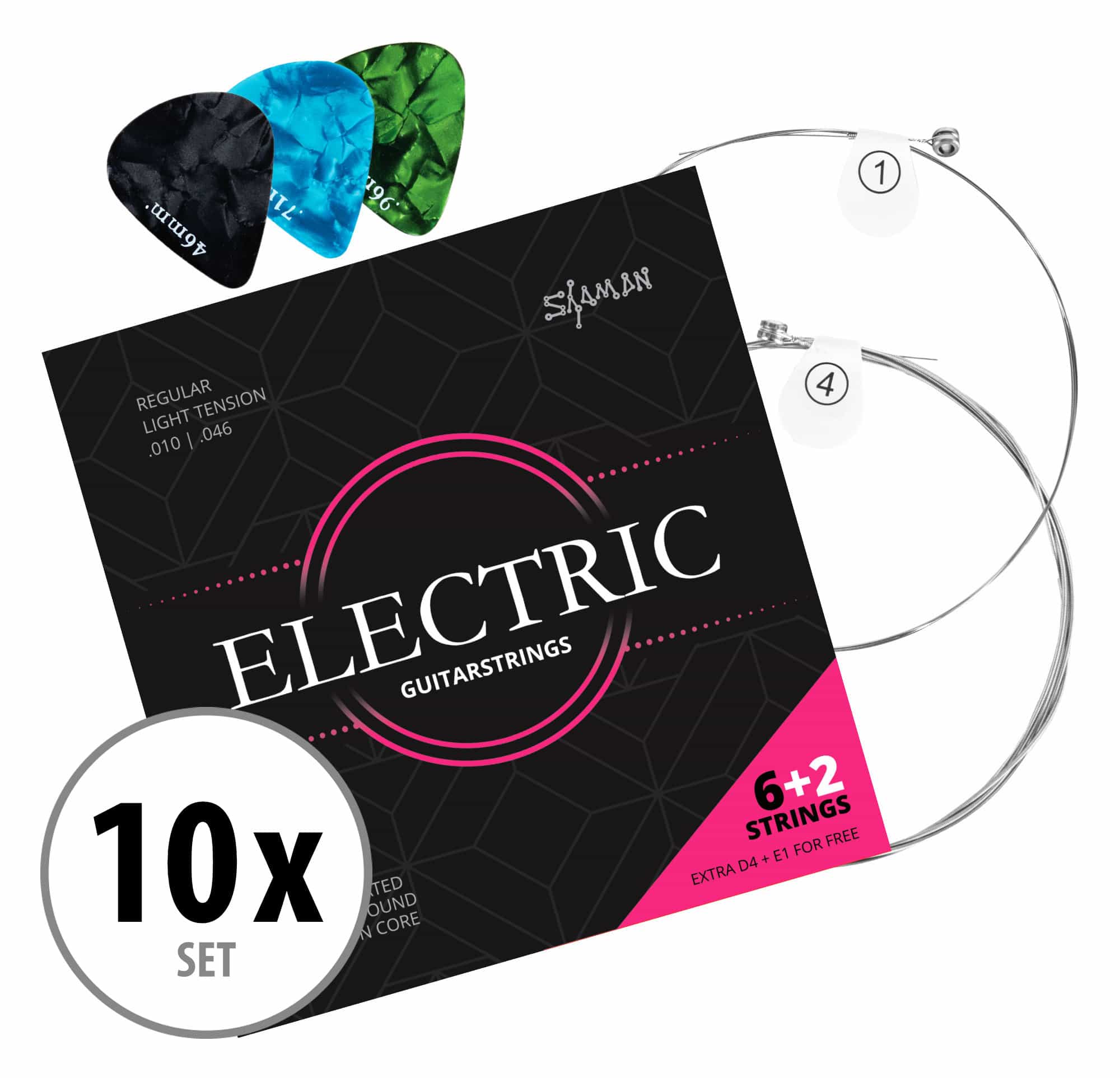 Shaman Electric Saiten für E-Gitarre inkl. 2 Ersatzsaiten und 3 Plektren 10x Set