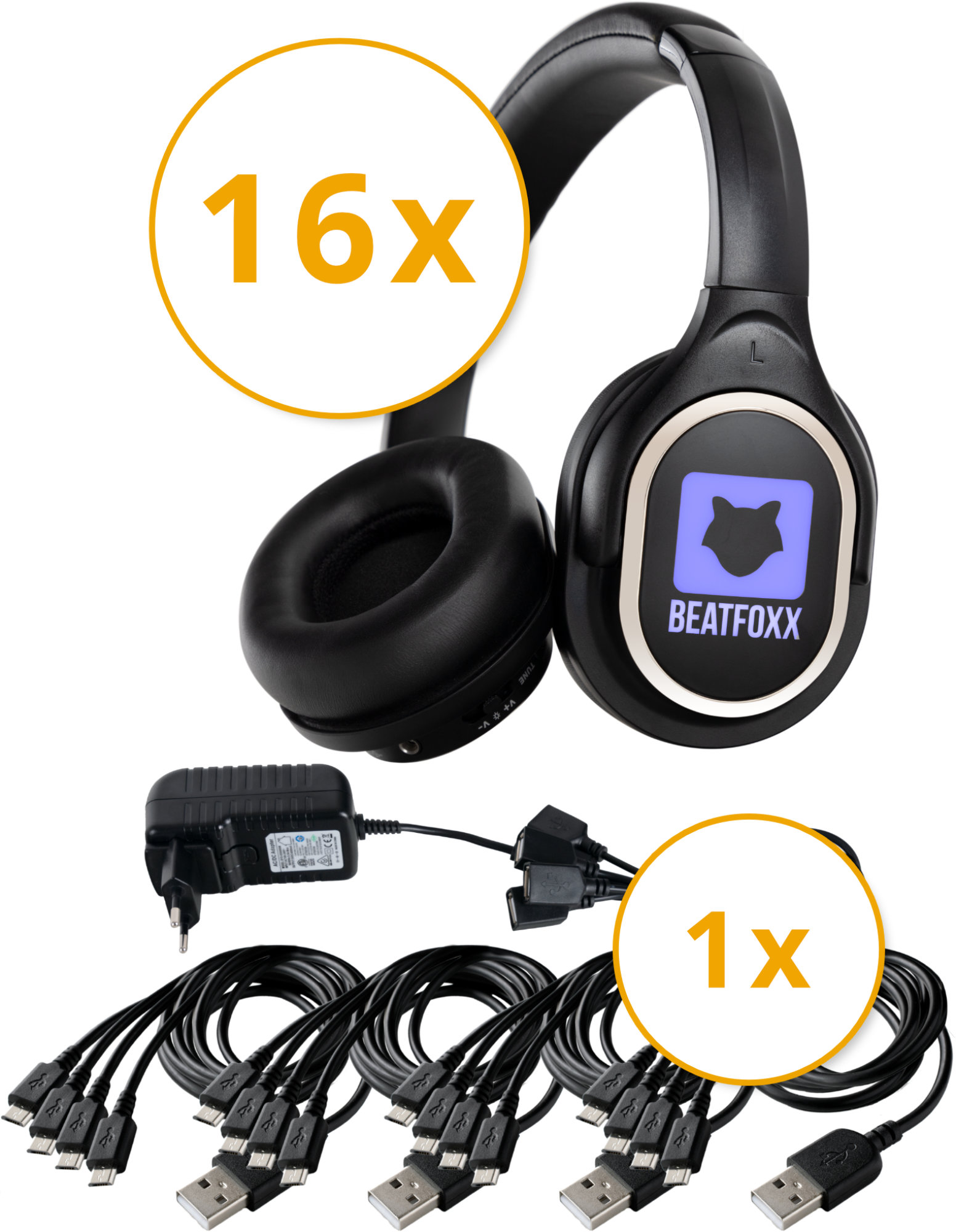 Beatfoxx SDH-340/16 USB-C Silent Disco V2 Kopfhörer Set + Ladegerät